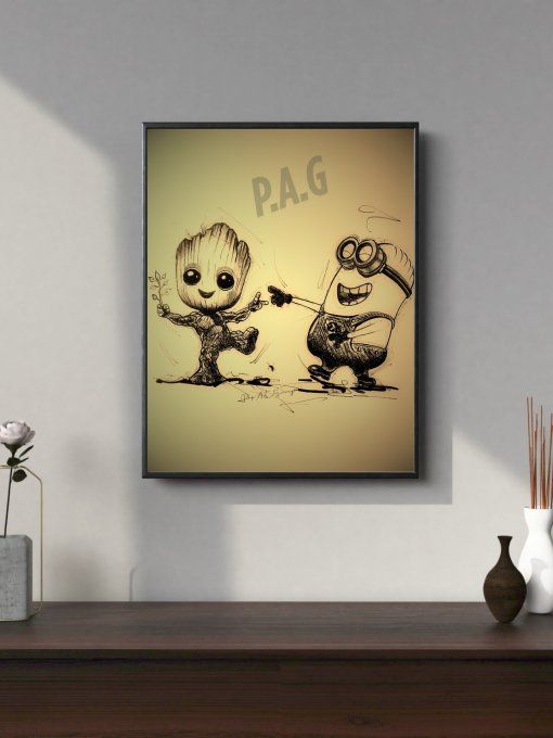 Illustration imprimée A4 - Groot et Minion-Version ancien gold