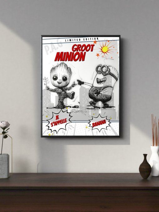 Illustration imprimée A4 - Groot et Minion-Version Street Urban