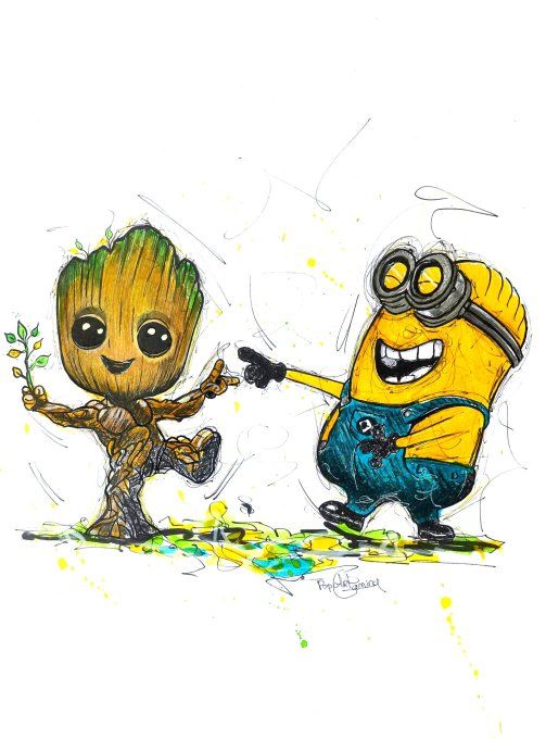 Groot et Minion - Oeuvre Originale - Encadrée